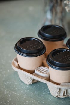 pexels-photo-13736071-13736071 Close-up of eco-friendly paper coffee cups in a recyclable tray on a textured surface.